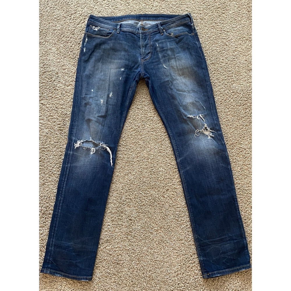 Emporio Armani Washed Blue Cotton Metal Logo Men's Jeans Size 36x30